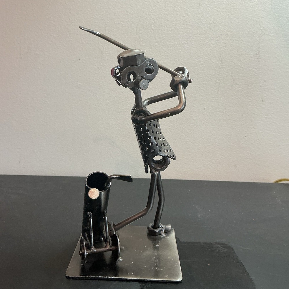 Metal Hardware Golfer Sport Desk Figurine Welded Nuts and Bolts 7" Tall